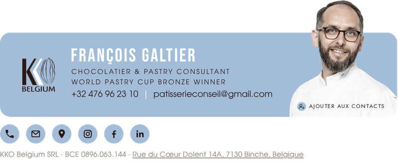 François Galtier · Chocolatier & Pastry Consultant · KKO Belgium · +32 476 96 23 10 · patisserieconseil@gmail.com